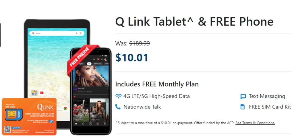 qlink free tablet with phone